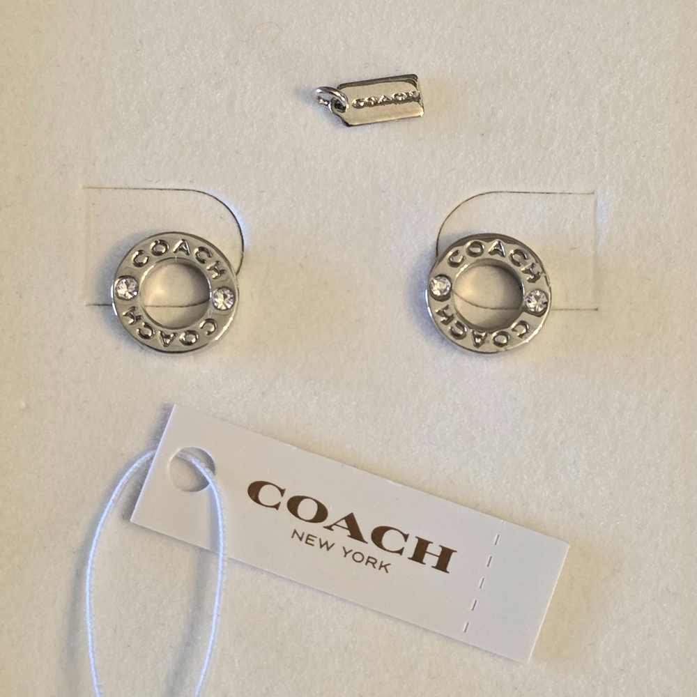 Coach Classic Round Logo Stud Earrings Silver Clear Rhinestones NWOT